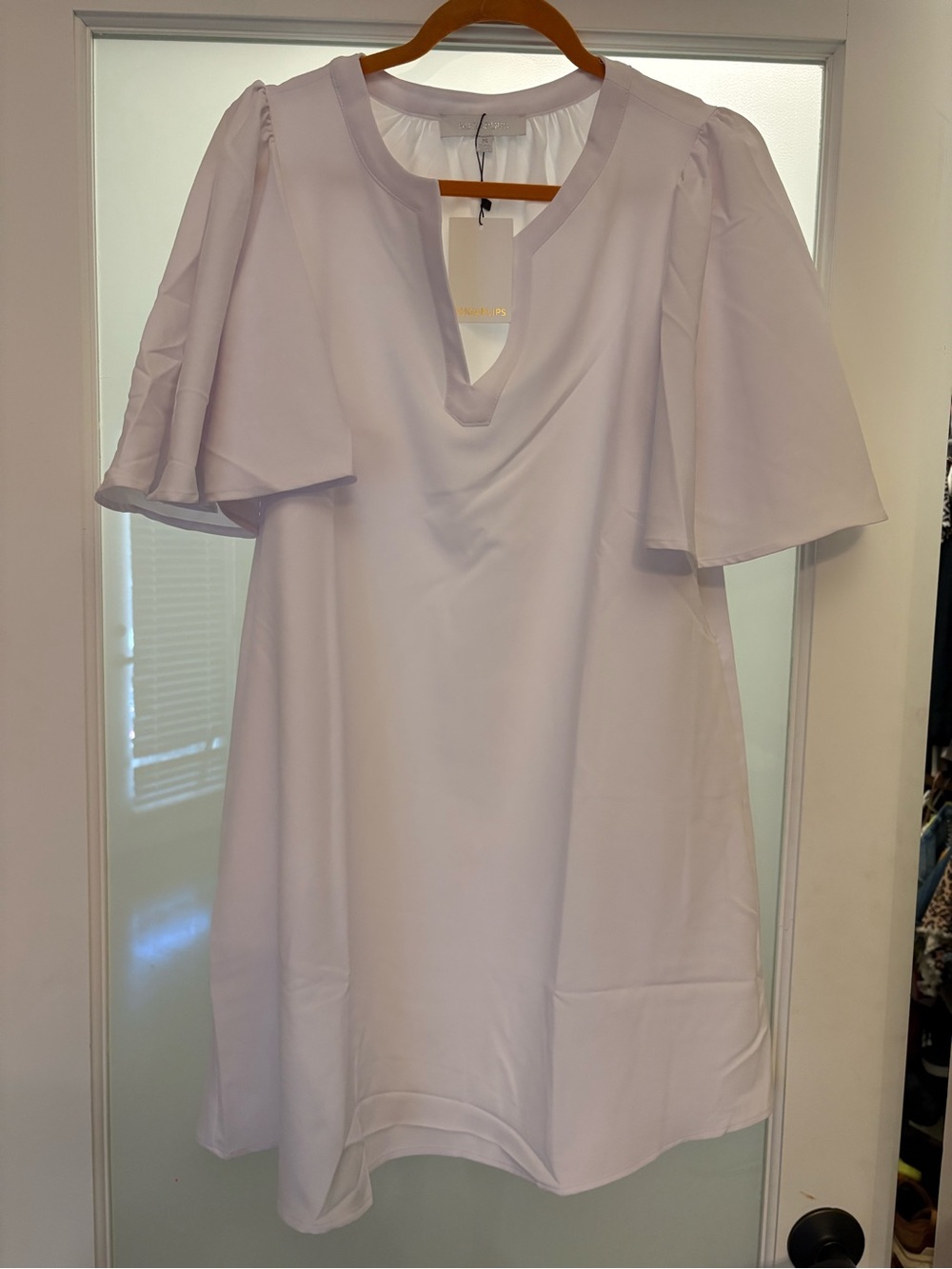White V-Neck Flutter Sleeve Shift Dress